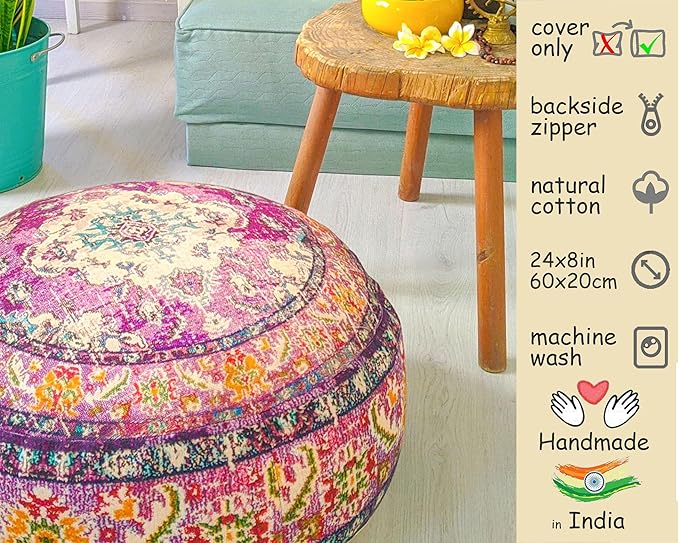 Mandala Life ART Boho Floor Cushion Cover Purple Round Purple Pillow Case Moroccan Décorative Pouf Perfect for Living Room, Bedroom, Nursary or Children Room Pouf BeanBag Stool Cotton 24x8 Unstuffed