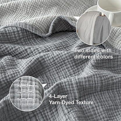 Simple&Opulence 100% Cotton Muslin Blanket Twin Size, Lightweight Breathable 4 Layering Gauze Blanket for Bed Couch Camping, Soft Bedspread Coverlet All-Season Use (Grey, 68"x86")