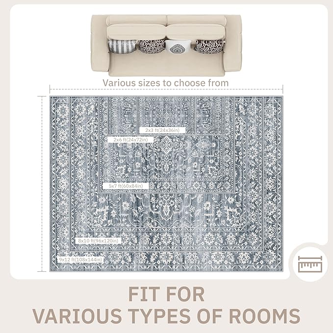 6x9 Area Rugs for Living Room, Stain Resistant Washable Rugs for Dining Room, Floral Vintage Non-Slip Thin Area Rug(Blue, 6'x9')