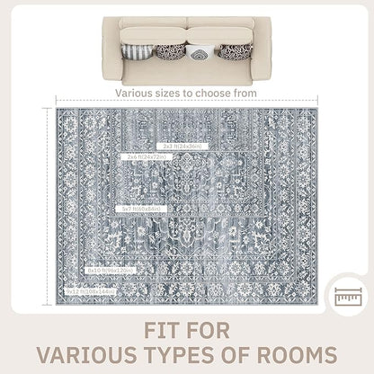 8x10 Area Rugs for Living Room, Stain Resistant Washable Rugs for Dining Room, Kitchen, Floral Vintage Non-Slip Thin Large Area Rug(Blue, 8'x10')