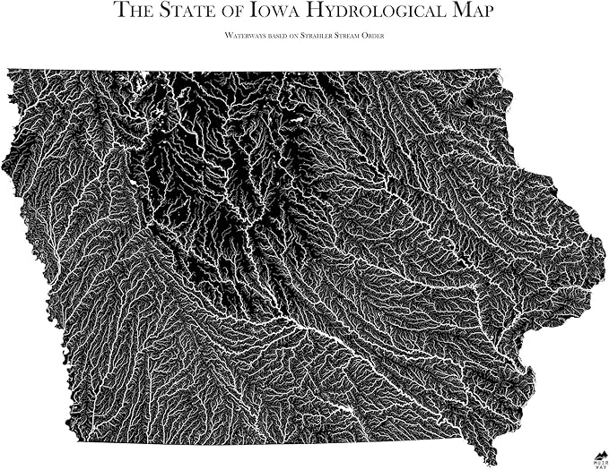 Muir Way Hydrological River Map of Iowa - Watershed Topographic Wall Art for Home, Office, or Travel Decor - Unframed Flat Paper Print, 18x24