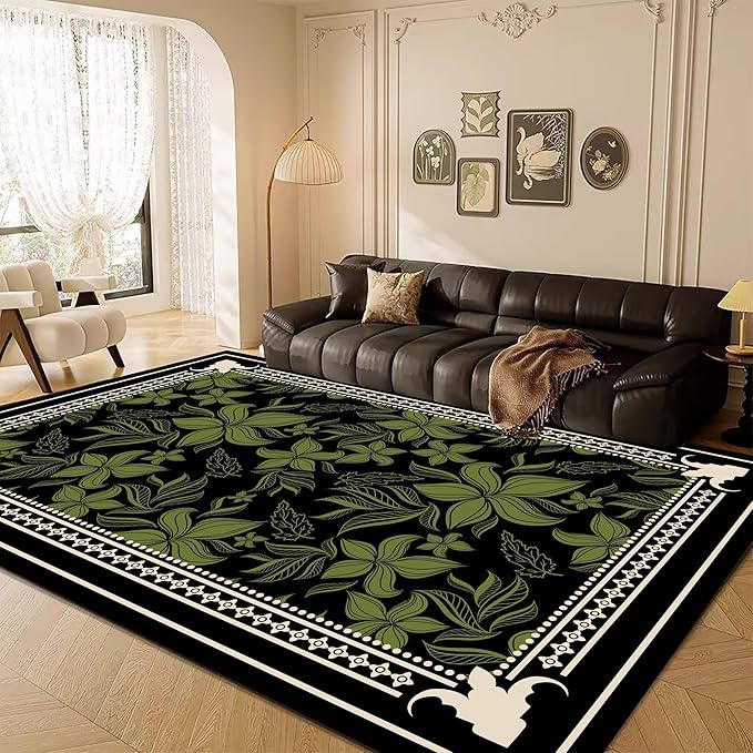 Retro Botanical Print Area Rug 3x5ft, Black and Green Large Washable Carpet, Non-Slip Low Pile Mat for Living Room, Dining Room, Bedroom, Nursery