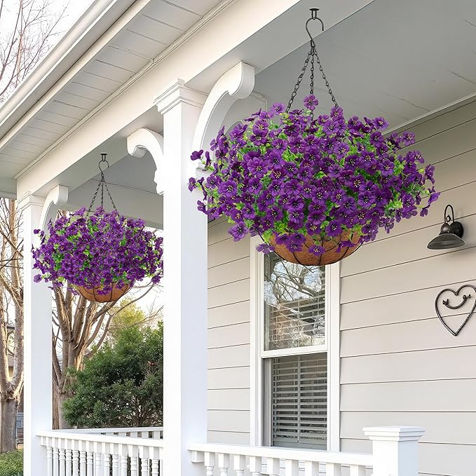 Artificial Fake Hanging Plants Flowers Basket Outdoors Outside Summer Decor, Hanging Planter with Faux Silk Daisy Flower Realistic UV Resistant for Porch Front Patio Balcony Garden Yard Spring（Purple）