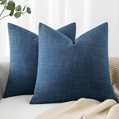 MIULEE 24x24 Inch Euro Linen Burlap Pillow Covers, Set of 2 Large Square Farmhouse Boho Decorative Pillows - Blue Home Decor for King Bed, Sofa, Couch, Bedroom,Livingroom