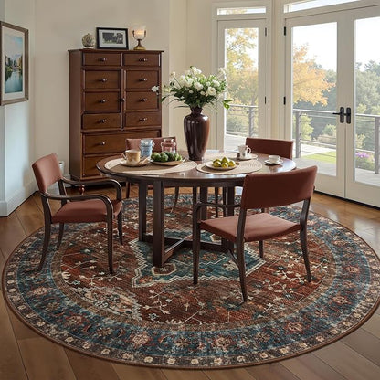 Tangsoo Oriental Round Rugs 5ft, Washable Circle Rug, Non Slip Boho Round Area Rug, Vintage Low Pile Circular Rugs, Round Carpet for Bedroom Living Room Nursery Dorm Office Rust/Blue