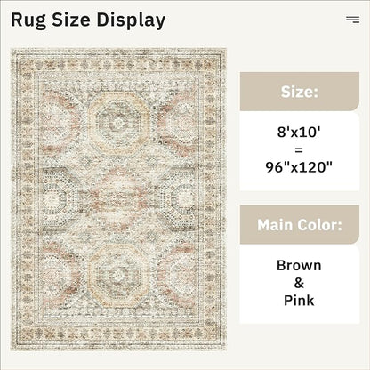 Washable Area Rug 8x10, Large Soft Rugs for Living Room Vintage 8x10 Area Rugs for Bedroom Dining Room Non-Slip Stain Resistant Under Table Brown Pink Rug