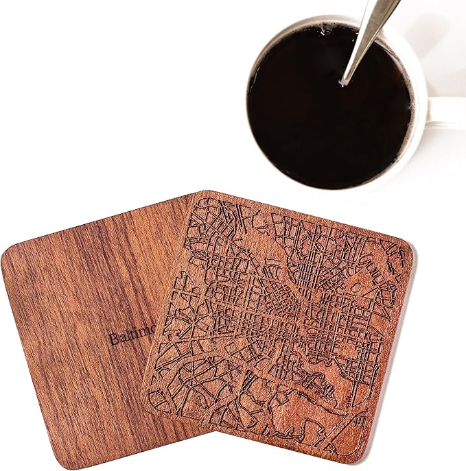 Baltimore Map Coaster by O3 Design Studio, Set Of 4, Sapele Wooden Coaster With City Map, Handmade