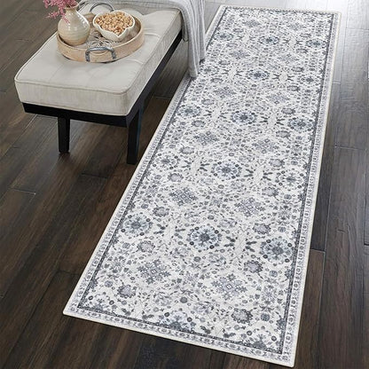 vivorug Runner Rug 2x10 Machine Washable Rug with Non-Slip Backing, Ideal for Kitchen Hallway Entryway Laundry Room - Vintage, Durable, Easy Clean, Low Pile Carpet Runner, Ivory/Blue