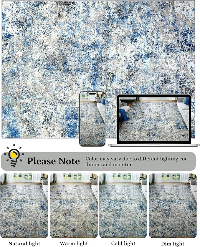 Washable Area Rug for Living Room: 9x12 Modern Abstract Neutral Soft Rug for Bedroom Dining Room No Slip Low Pile Carpet for Nursery Home Office - Grey/Blue