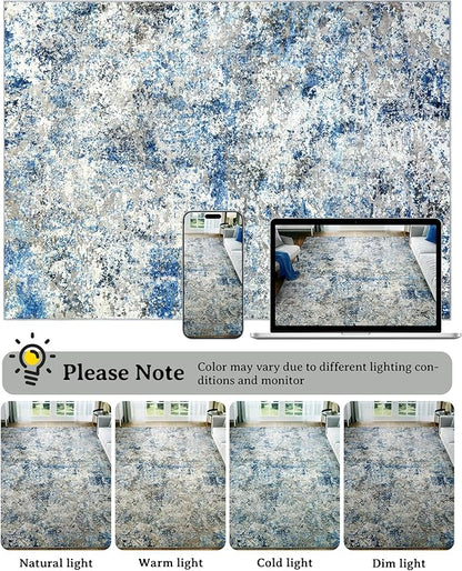 Washable Area Rug for Living Room: 6x9 Modern Abstract Neutral Soft Rug for Bedroom Dining Room No Slip Low Pile Carpet for Nursery Home Office - Grey/Blue