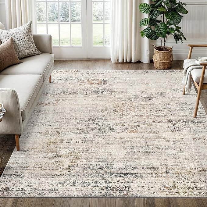 6x9 Area Rugs for Living Room, Stain Resistant Neutral Washable Rugs for Dining Room, Floral Vintage Non-Slip Thin Area Rug Farmhouse Rug Taupe
