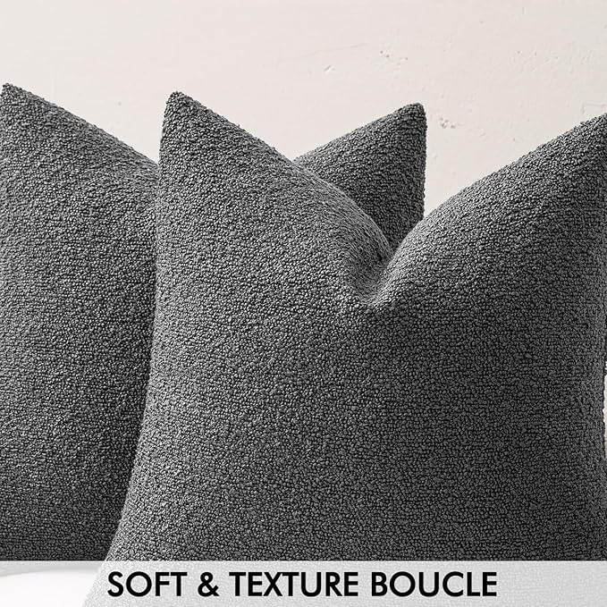MIULEE 24x24 Decorative Euro Sham Throw Pillows for Bed Set of 2 Textured Boucle Neutral Winter Throw Pillow Covers Dark Gray Accent Solid Couch Pillowcases Sofa Livingroom Home Decor