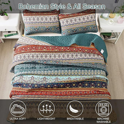 WONGS BEDDING Boho Quilt Set Twin Size, Green and Brown Bohemian Quilt Bedding Set, Lightweight Microfiber Bed Decor Bedspread for All Season 68"x86"(2 Pieces)
