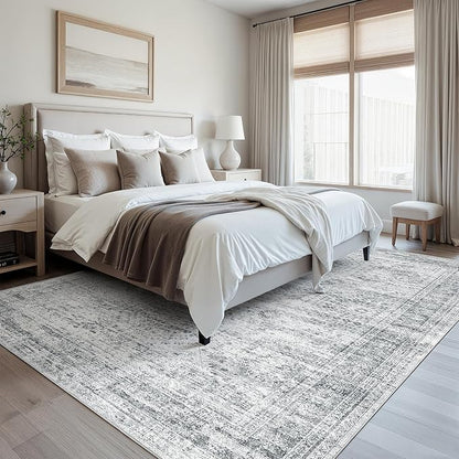 9x12 Area Rugs for Living Room, Non Slip Machine Washable Vintage Rugs, Low Pile Lightweight Large Rug for Bedroom, Dining Room, Home Office Grey