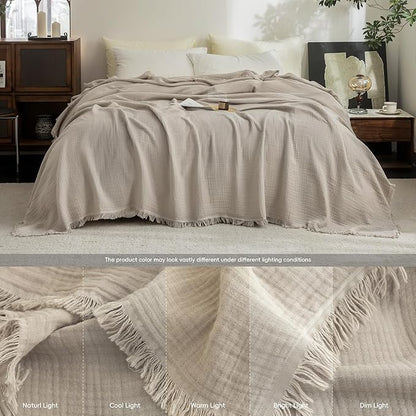 FOSSA Muslin Blanket with Fringe -4-Layer 100% Cotton Gauze Super Soft & Breathable Throw -Lightweight Decorative Cooling Blanket for Bed, Sofa, Office -Throw XL Size 70" x 50"(Beige Gray)
