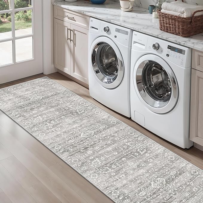 Washable Runner Rug, 2.5'x8' Vintage Kitchen Runners Non-Slip Foldable Hallway Runner Rug for Entryway, Laundry, Bedroom, Grey