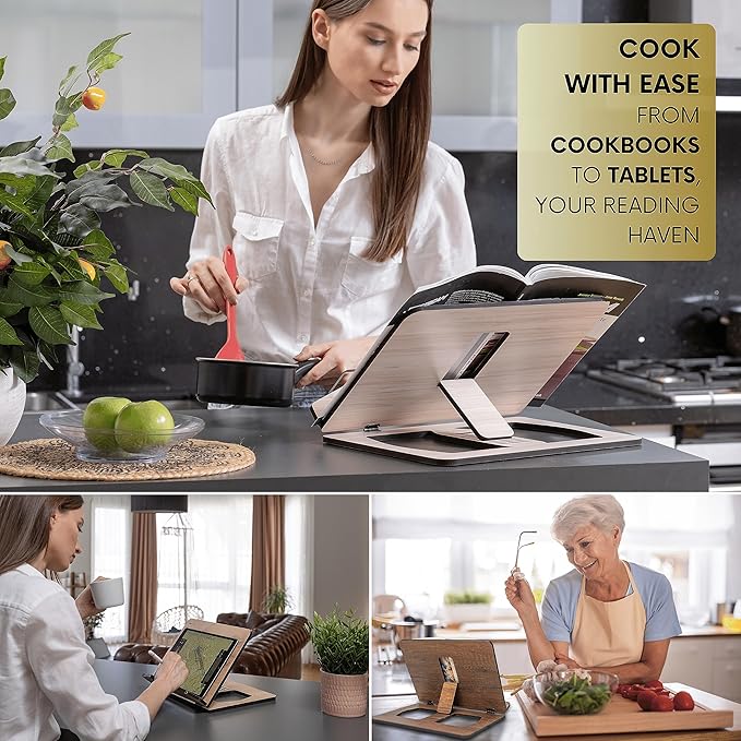 Book Stand, Book Holder, Reading Stand, Cookbook Holder, Recipe Book Stand, Wooden Book Stands for Reading, Cookbook Stand for Kitchen, Book Holder for Reading in Bed (Oak)