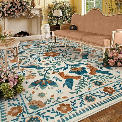 Moynesa Area Rugs 9x12 Retro Home Decor, Modern Bohemian Farmhouse Floral Bird Print Pattern Medallion Carpet for Large Living Room Bedroom Dining Room,Floor Protection Non-Slip Washable