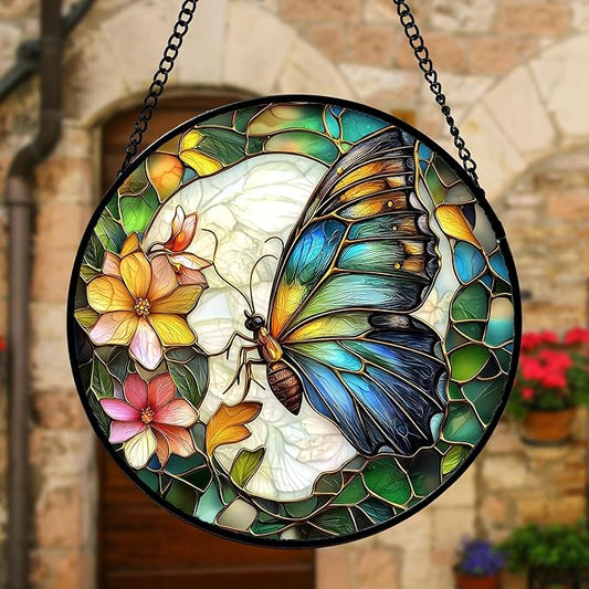 DASTOLL Stained Glass Window Hanging, Butterfly Flower Sun Catchers Diamond Glass Panel Hangings Insect Suncatcher Decor for Birthday for Women, Men, Wife, Aunt, and Mom 11.8x11.8 in