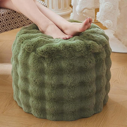 LIFEREVO Faux Rabbit Fur Round Inflatable Pouf Ottoman, 20" X 16" Plush Fuzzy Waffle Bubble Floor Poufs Foot Rest for Living Room Bedroom, Furry Pouf Foot Stool Home Decor, Anti-Slip, Sage Green