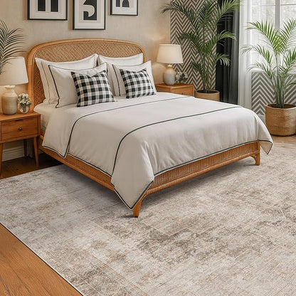 Neutral Farmhouse Area Rug for Bedroom - 7x9 Washable Rug for Dining Room Table, Ultra-Thin Soft Textured Boho Abstract Indoor Decor, Fade & Stain Resistant