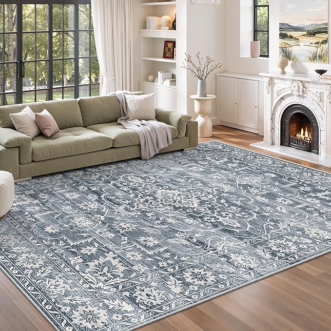 6x9 Area Rugs for Living Room, Stain Resistant Washable Rugs for Dining Room, Floral Vintage Non-Slip Thin Area Rug(Blue, 6'x9')