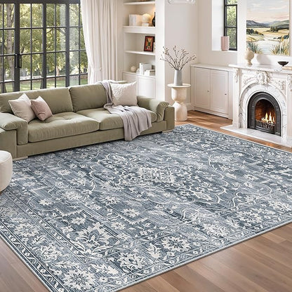6x9 Area Rugs for Living Room, Stain Resistant Washable Rugs for Dining Room, Floral Vintage Non-Slip Thin Area Rug(Blue, 6'x9')