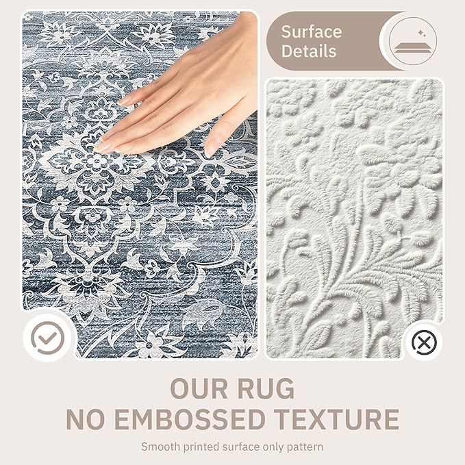 8x10 Area Rugs for Living Room, Stain Resistant Washable Rugs for Dining Room, Kitchen, Floral Vintage Non-Slip Thin Large Area Rug(Blue, 8'x10')