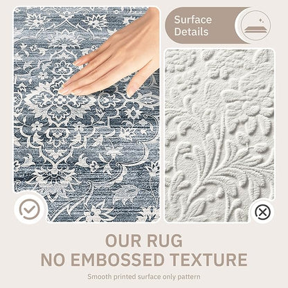 8x10 Area Rugs for Living Room, Stain Resistant Washable Rugs for Dining Room, Kitchen, Floral Vintage Non-Slip Thin Large Area Rug(Blue, 8'x10')