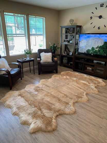 LAMBZY Faux Sheepskin Super Soft Hypoallergenic Silky Shag Rug for Living Room, Kids Room, Sofa (Decto 10 Pelts 6'x10', Beige)