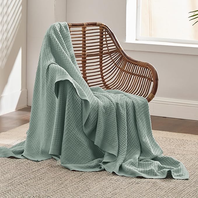 Bedsure Gentlesoft 100% Cotton Large Throw Blanket for Couch 50x70 inches - Breathable and Soft, Waffle Weave Throw Blanket for Office, Sage Green