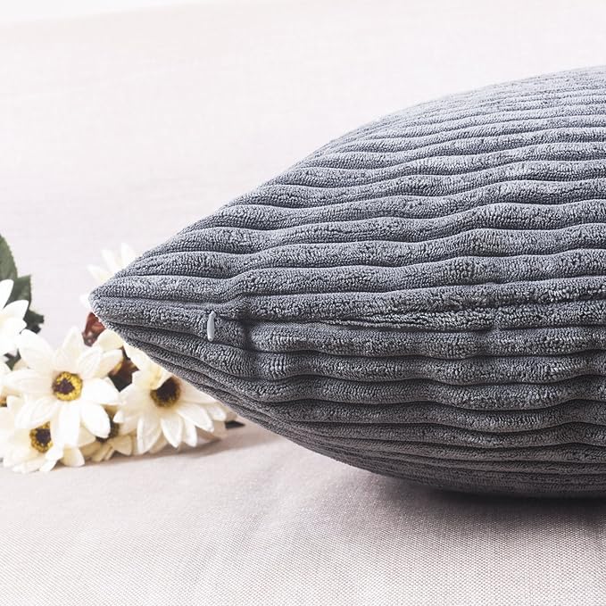 Home Brilliant Grey Pillow Covers 18 x 18 Set of 2 Soft Decorative Striped Corduroy Velvet Square Throw Pillow Cover for Sofa Couch, 18x18 inch, Dark Grey
