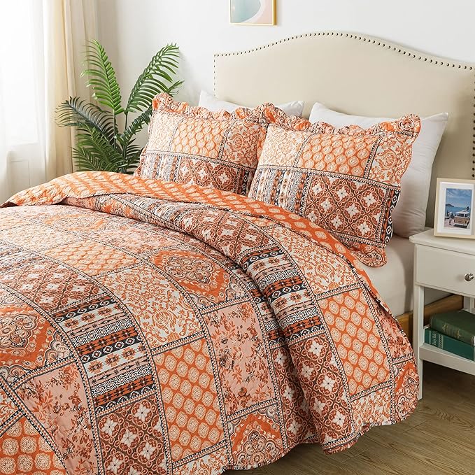 HoneiLife King Quilt Bedding Set - 3 Pieces Vintage Quilt Sets Microfiber Bedspreads Floral Coverlets Retro Bed Cover All Season Quilts-Pumpkin