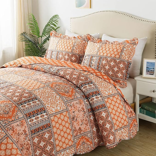 HoneiLife King Quilt Bedding Set - 3 Pieces Vintage Quilt Sets Microfiber Bedspreads Floral Coverlets Retro Bed Cover All Season Quilts-Pumpkin