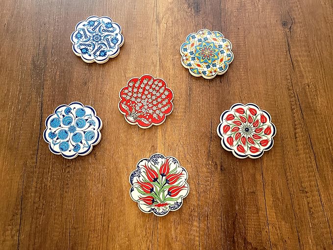 Turkish Ceramic Plate Absorbent Daisy Desing Coasters for Drinks House Warming,Living Room Decoration Gift Set of 6 No Holder,Oversize Better Protects Furniture from Damage (Multi 3)