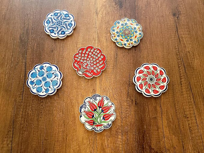 Turkish Ceramic Plate Absorbent Daisy Desing Coasters for Drinks House Warming,Living Room Decoration Gift Set of 6 No Holder,Oversize Better Protects Furniture from Damage (Multi 3)