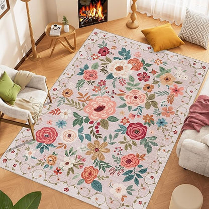 DUKINO 9x12 Area Rug, Floral Rugs for Living Room, Lightweight Non Slip Washable Rug, Indoor Low Pile & Non-Shedding Boho Design Rugs for Bedroom, Living Room, Dining Room, Beige