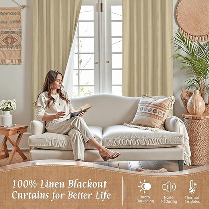 LAMIT Natural Linen Full Blackout Window Curtains for Bedroom, 54 Inches Thermal Farmhouse Curtains Back Tab and Rod Pocket Privacy Protected Burlap Panels with White Liner, 2 Panels, 52 x 54 Inch
