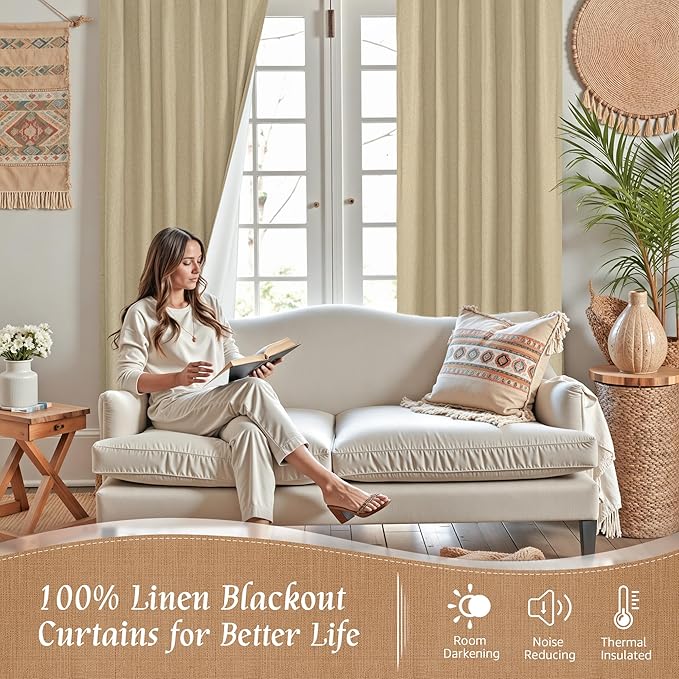 LAMIT Natural 100% Blackout Linen Curtains, 63 Inches Linen Textured Thermal Bedroom Curtains Back Tab and Rod Pocket Neutral Panels with White Liner for Living Room, 2 Panels, 38 x 63 Inch, Burlap