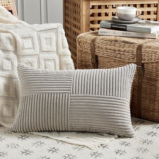 Fancy Homi 2 Packs Neutral Grey Lumbar Decorative Throw Pillow Covers 16x32 Inch for Living Room Couch Bed Sofa, Farmhouse Home Decor, Soft Striped Corduroy Rectangle Accent Cushion Case 40x80 cm