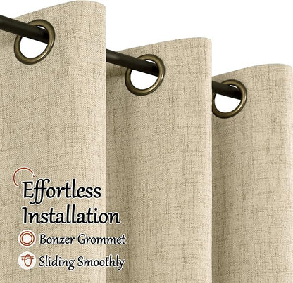 Lajode 100% Blackout Curtains for Living Room/Bedroom 84 Inch Length 2 Panels Set, Thermal Insulated Bronze Grommet Boho Light Blocking Faux Linen Window Drapes White Liner, Each 52" Wide, Burlap