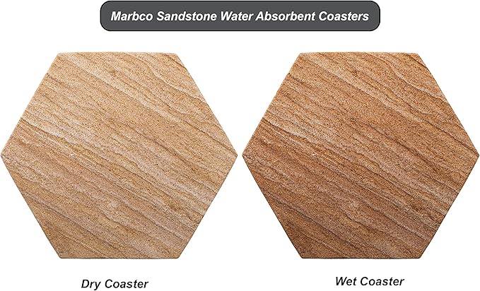 Sandstone Water Absorbent Hand Crafted Hexagon Coasters for Drinks - 4 Inches Wide Thirsty Stone Bar/Drink Coasters- Made from Rainbow Sandstone (Set of 6 with Holder)