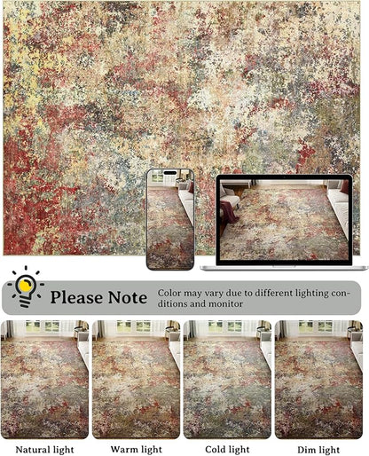 Washable Area Rug for Living Room: 6x9 Modern Abstract Neutral Soft Rug for Bedroom Dining Room No Slip Low Pile Carpet for Nursery Home Office - Red/Ivory