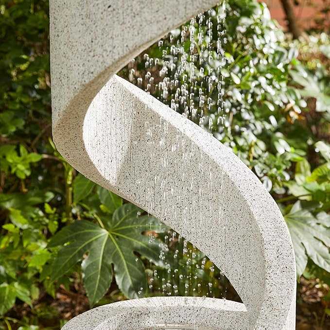 Glitzhome Decorative Tiered Outdoor Water Fountain with LED Light Vintage Curved Waterfall Fountain with Stone Planter Rustic Faux Terrazzo Spiral Shaped Fountains for Garden Patio Deck Porch, 40.25”H