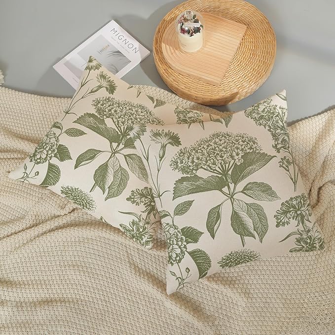 Sage Green Pillow Covers 24x24 Set of 2 Boho Floral Hydrangea Herbs Botanical Throw Pillow Cover Outdoor Decoration Pillow Cases Vintage Flower Linen Cushion Case Decorative for Couch Sofa