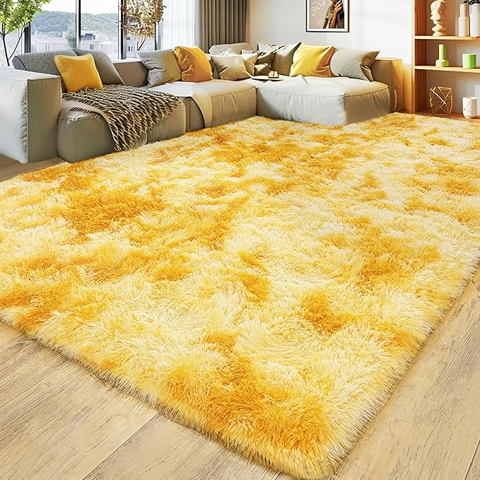 Ultra Fluffy Area Rugs for Living Room Bedroom, 6x9 Fuzzy Large Living Room Rugs, Thick Shag Rug for Dorm, Soft Non Slip Kids Girls Boys Rug for Home Decor Aesthetic, Tie-Dyed Yellow