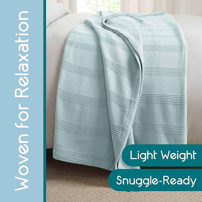 100% Cotton Twin Size Blanket | Super Soft Breathable Lightweight Throw | All-Season Knit Blanket | Luxury Hotel Style | Easy Care | Oeko-Tex Certified | Light Blue