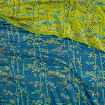 100% Cotton Muslin Jacquard 2 Piece Quilt Set Botanical Bamboo Leaf Print, Soft 3 Layers Gauze Bed Cover Reversible Bedspread Coverlet Breathable Lightweight Bedding Set, Twin
