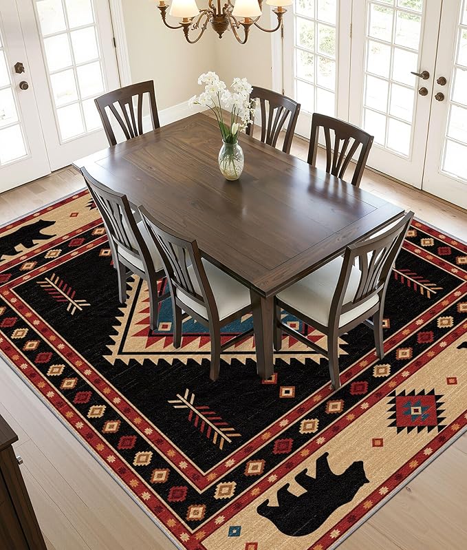 Southwest Rug 6x9 - Native American Bear Cabin Area Rugs for Living Room Bedroom, Rustic Geometric Machine Washable | Non-Slip | Soft Large Carpets, Western Room Decor (Red Tan Black)