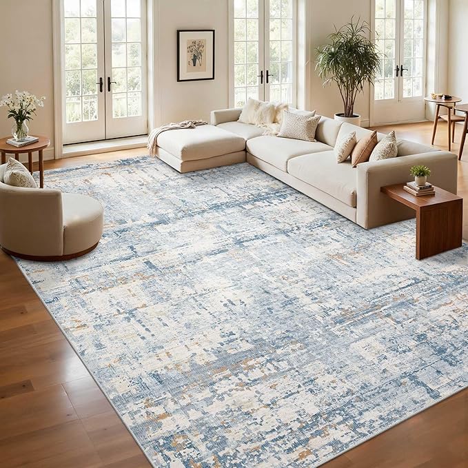 9x12 Area Rug for Living Room, Extra Large Washable Rug, Soft Blue Abstract Rug for Bedroom, Office, Farmhouse, Low Pile Imitation Wool Non Slip Carpet Ideal for High-Traffic Areas, Blue Beige